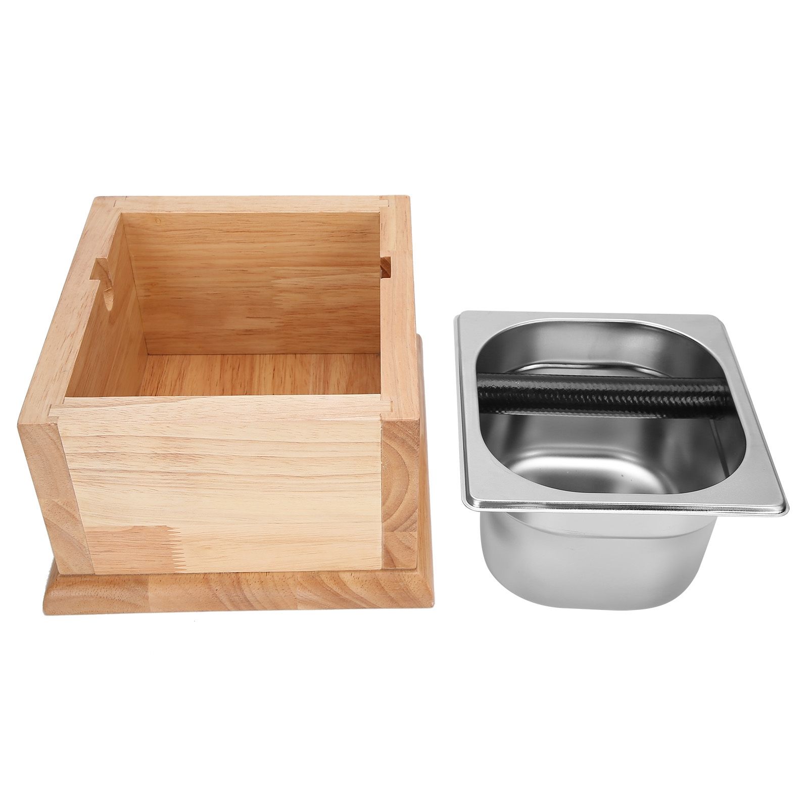 Knock Box Stainless Steel Coffee Grounds Container Waste Bin with Wood Base view 7
