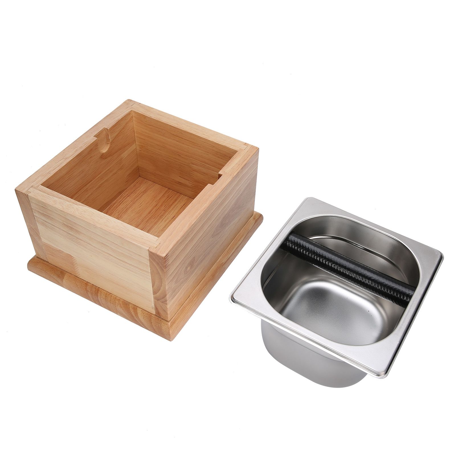 Knock Box Stainless Steel Coffee Grounds Container Waste Bin with Wood Base view 8