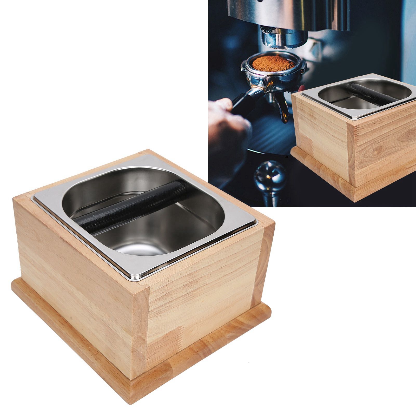Knock Box Stainless Steel Coffee Grounds Container Waste Bin with Wood Base view 9