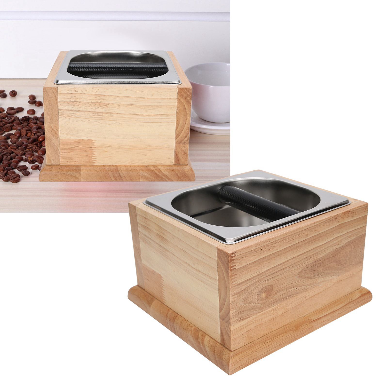 Knock Box Stainless Steel Coffee Grounds Container Waste Bin with Wood Base view 10