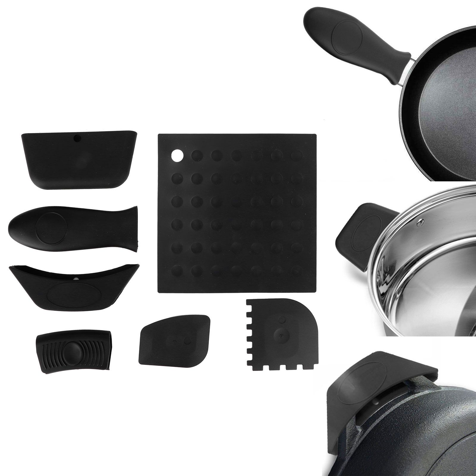 7Pcs set Pot Holder AntiScald Silicone Grill Pan Scraper Handle Cover Set view 9