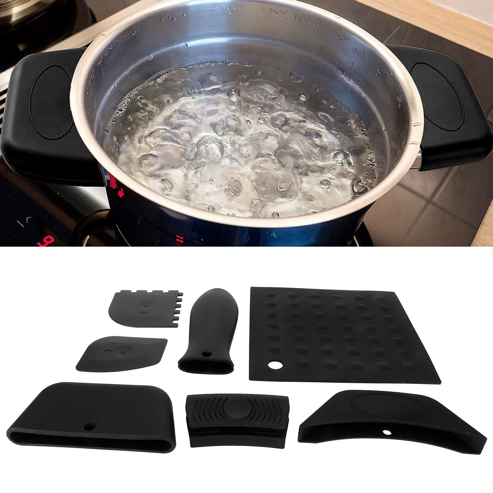 7Pcs set Pot Holder AntiScald Silicone Grill Pan Scraper Handle Cover Set view 10