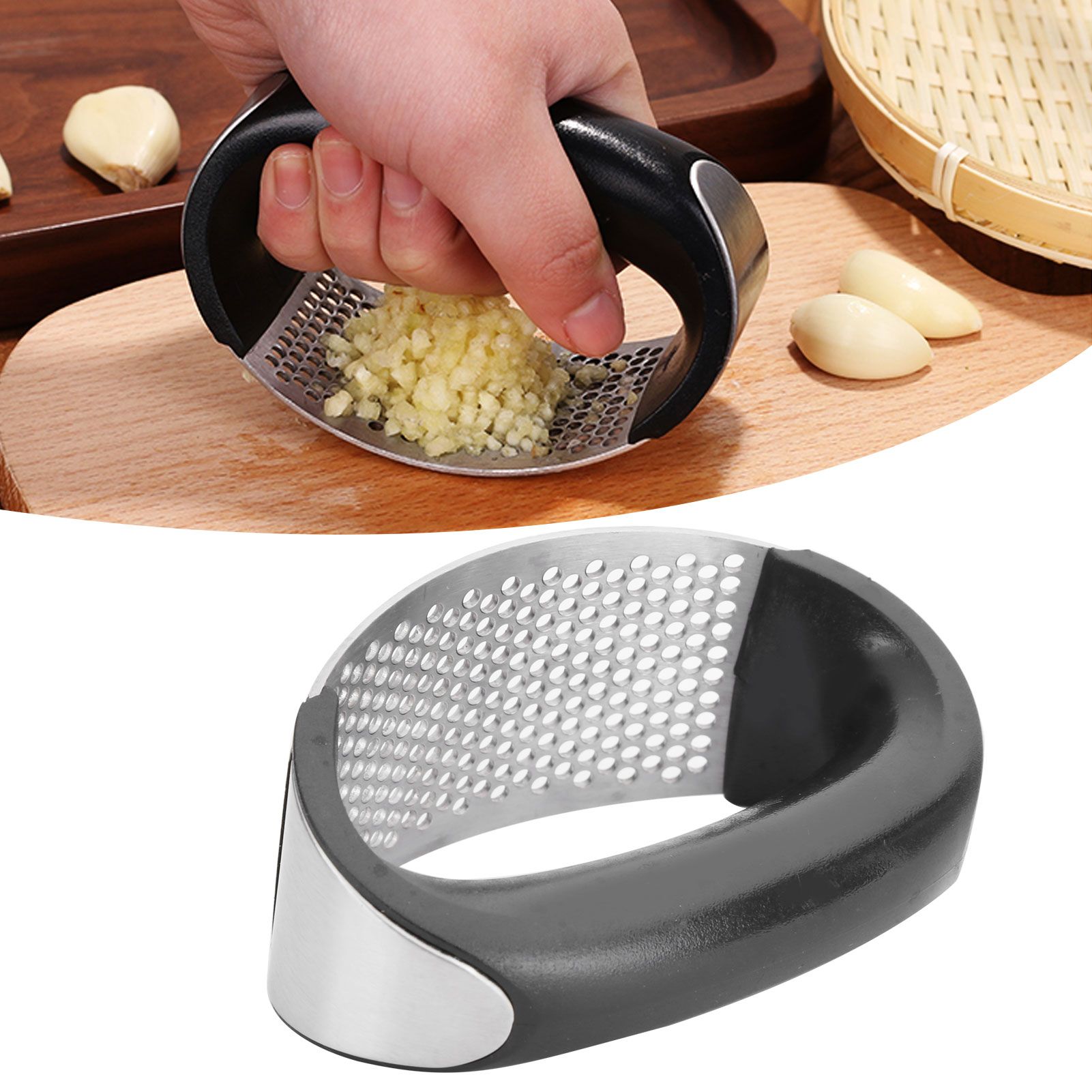 Stainless Steel Garlic Press Mincer Crusher with Cleaning Brush and Garlic view 10