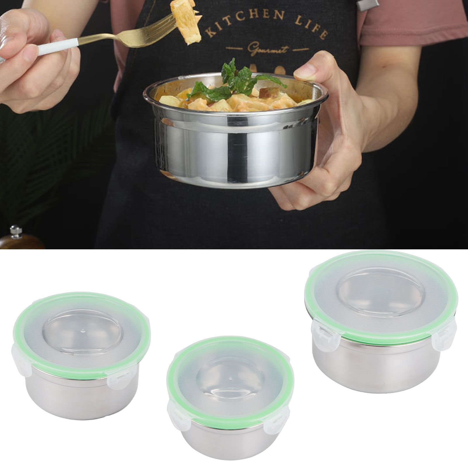 3Pcs/Set Fridge Storage Box 304 Stainless Steel Sealed Preservation Bowl Food view 9