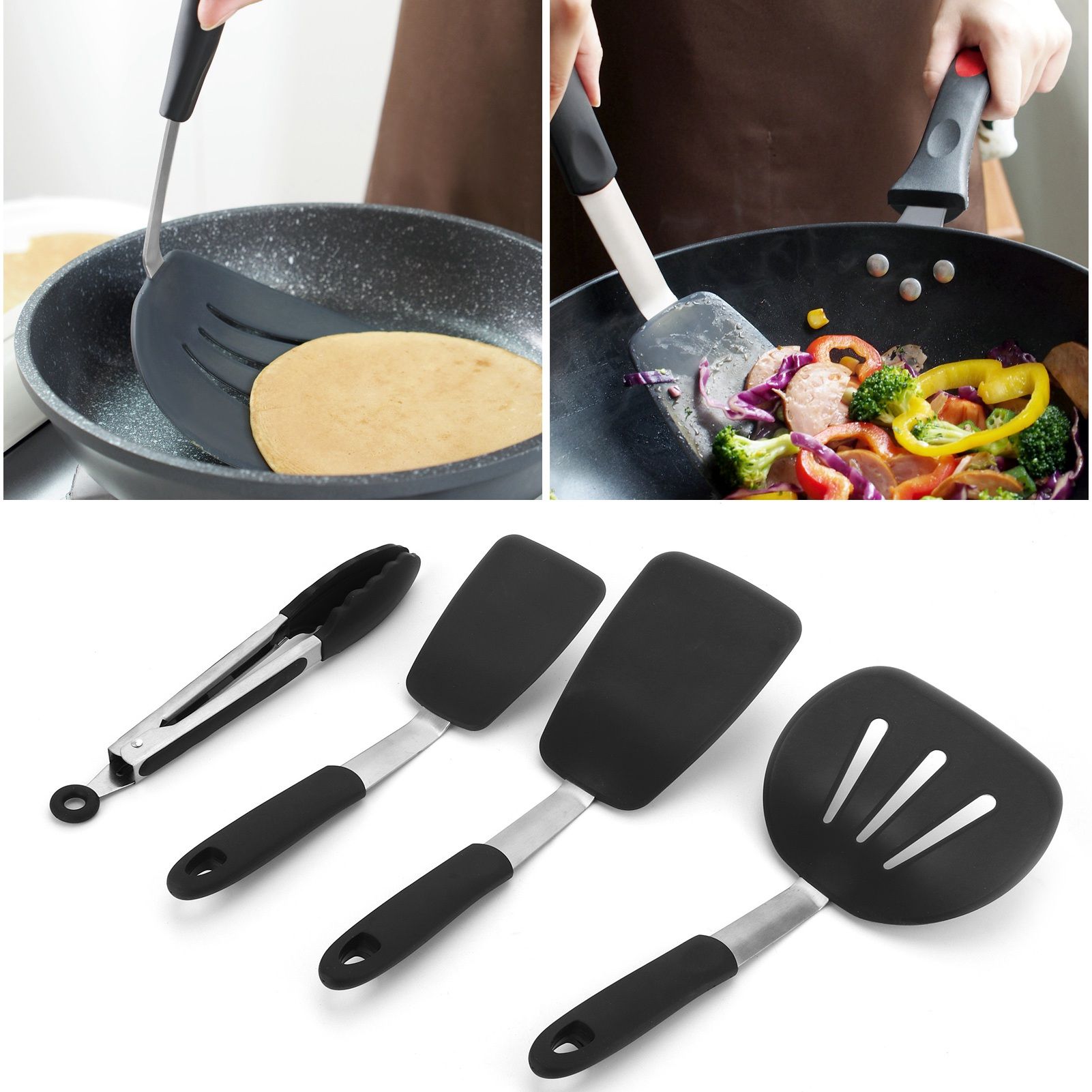 4Pcs set Kitchenware Non Stick Silicone Spatula Slotted Turner Food Tongs Kit view 9