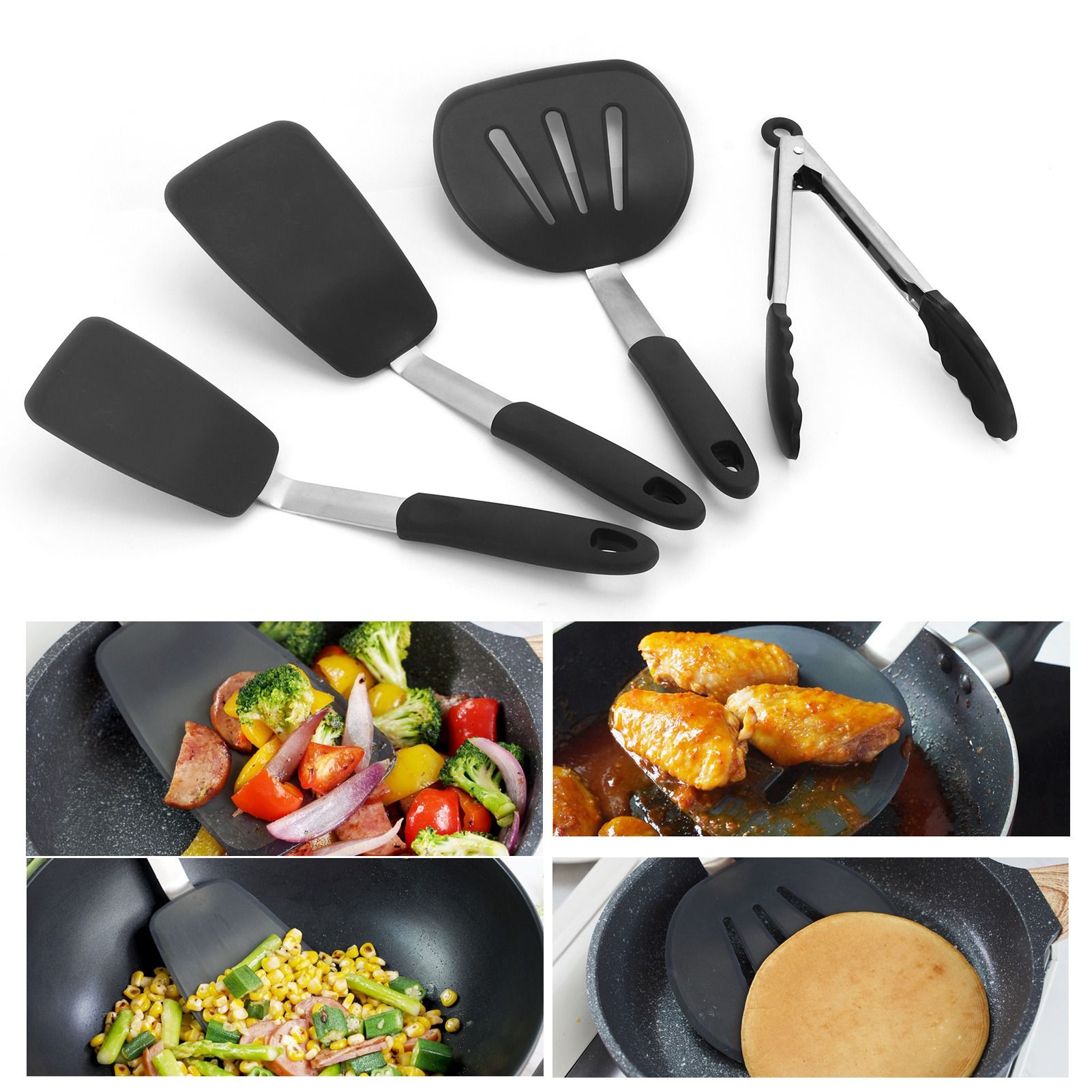 4Pcs set Kitchenware Non Stick Silicone Spatula Slotted Turner Food Tongs Kit view 10
