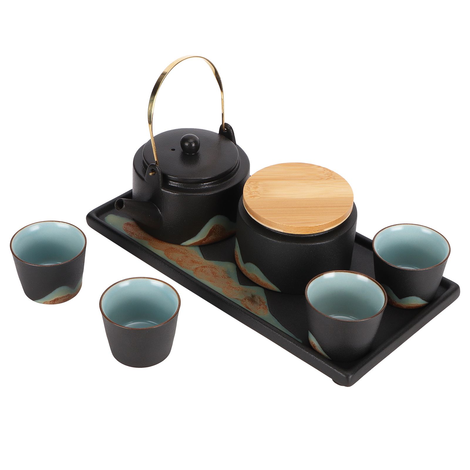 Kung Fu Tea Set Japanese Style Black Pottery Tea Kettle Jar Cups Tray Kit Tea