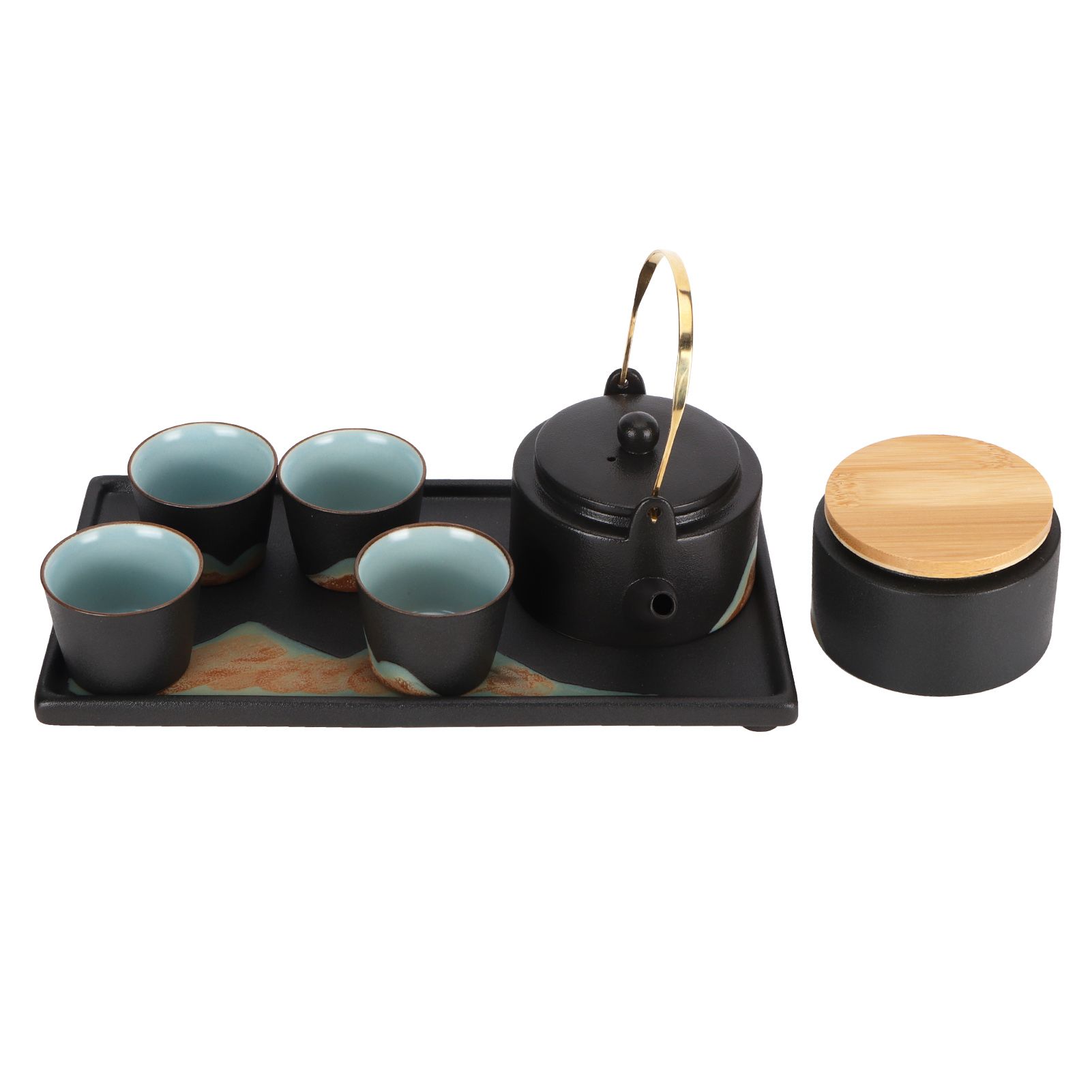 Kung Fu Tea Set Japanese Style Black Pottery Tea Kettle Jar Cups Tray Kit Tea view 2
