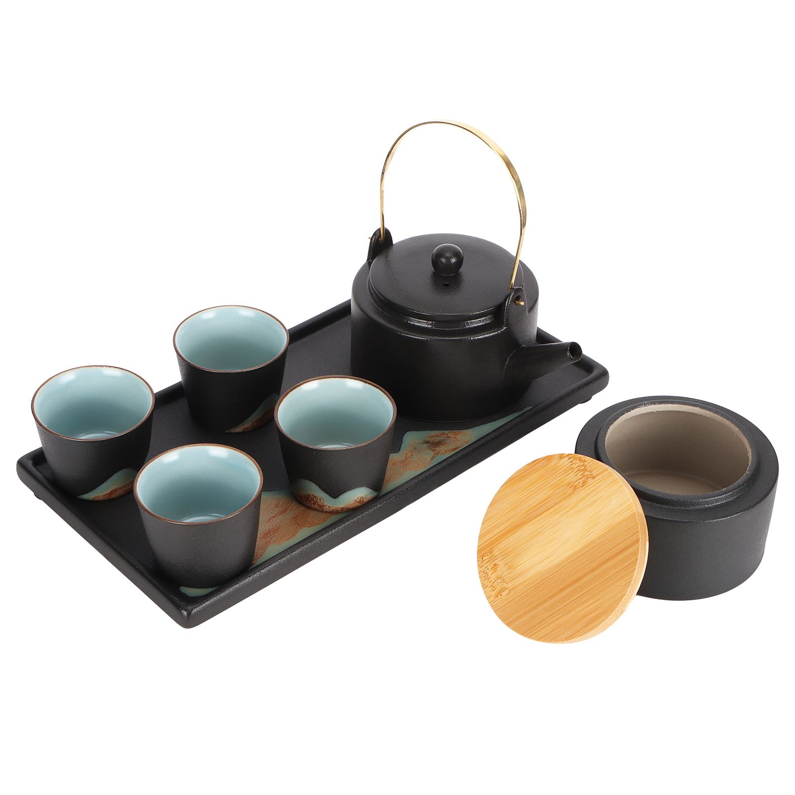 Kung Fu Tea Set Japanese Style Black Pottery Tea Kettle Jar Cups Tray Kit Tea view 3