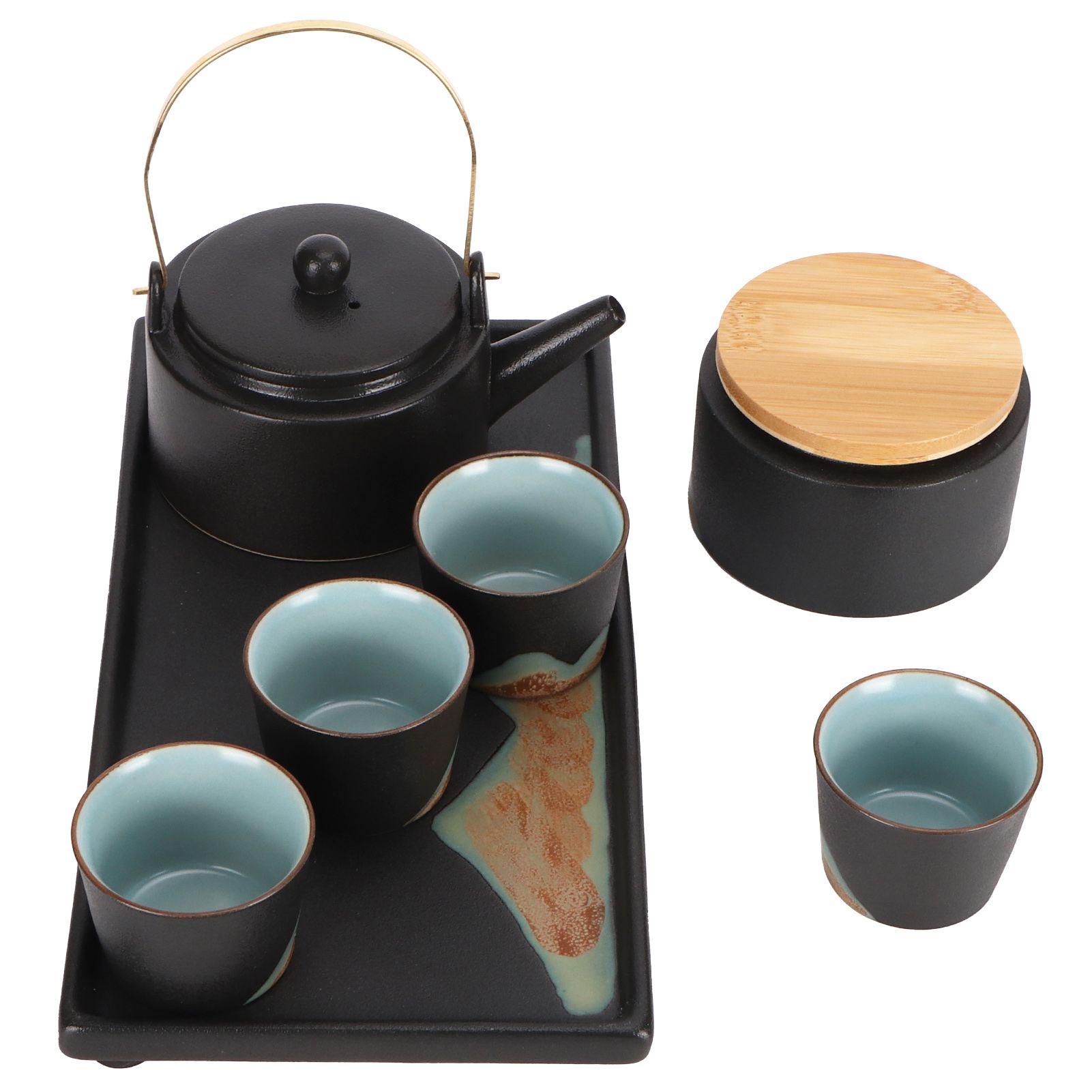 Kung Fu Tea Set Japanese Style Black Pottery Tea Kettle Jar Cups Tray Kit Tea view 4