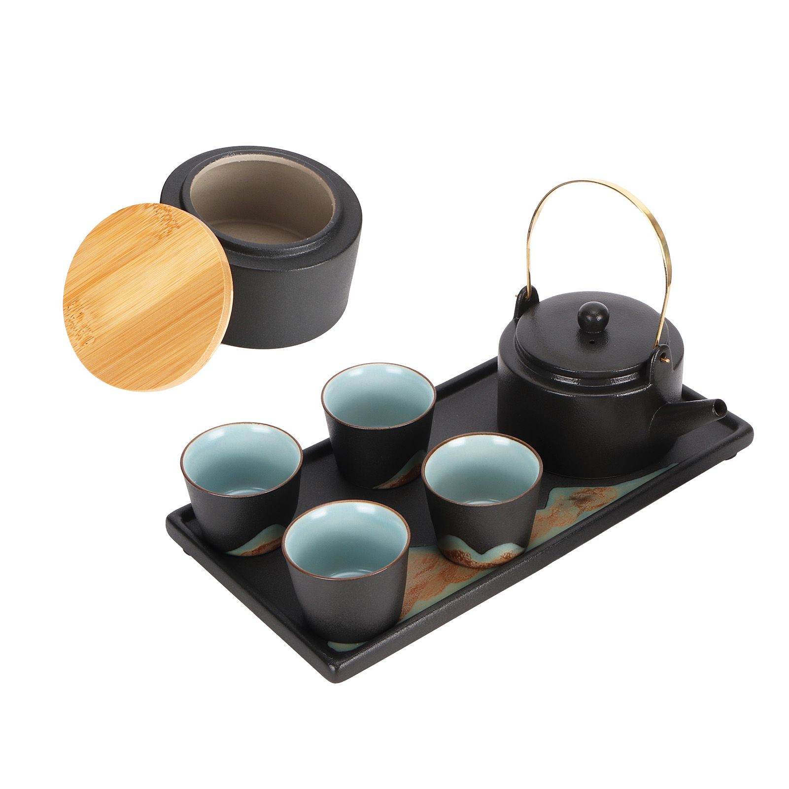 Kung Fu Tea Set Japanese Style Black Pottery Tea Kettle Jar Cups Tray Kit Tea view 6