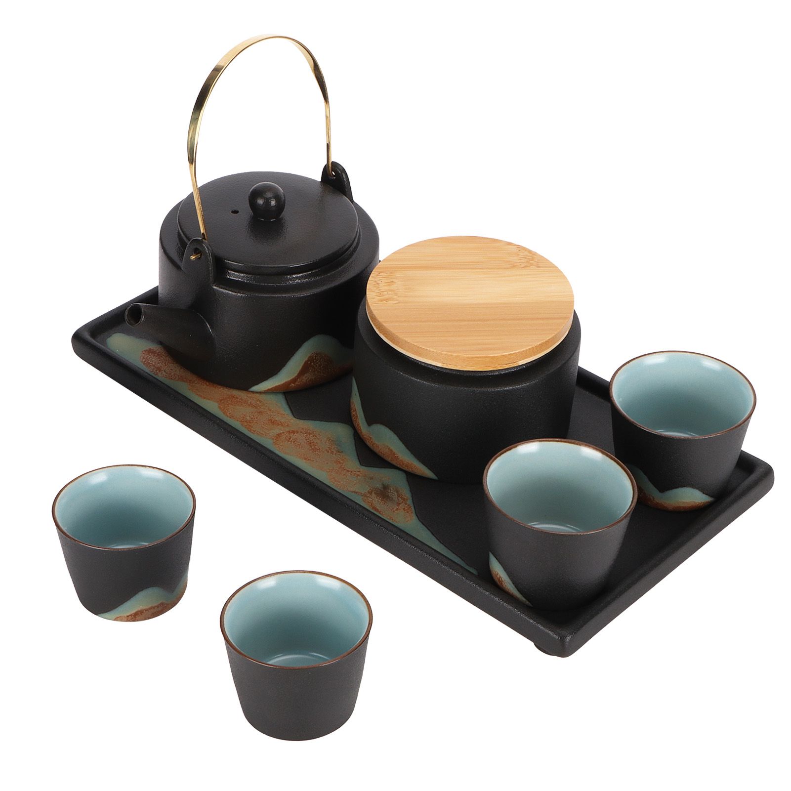 Kung Fu Tea Set Japanese Style Black Pottery Tea Kettle Jar Cups Tray Kit Tea view 7