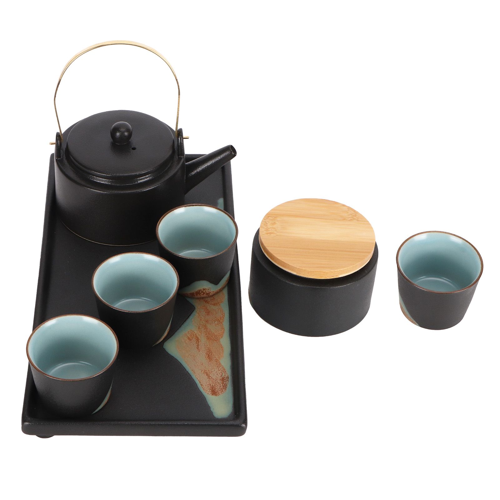 Kung Fu Tea Set Japanese Style Black Pottery Tea Kettle Jar Cups Tray Kit Tea view 8