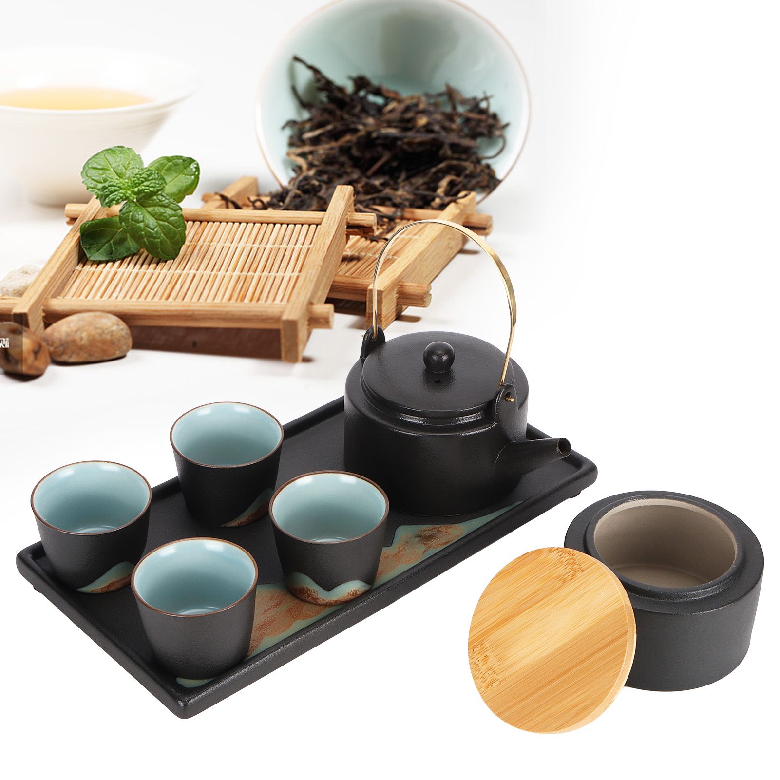 Kung Fu Tea Set Japanese Style Black Pottery Tea Kettle Jar Cups Tray Kit Tea view 9