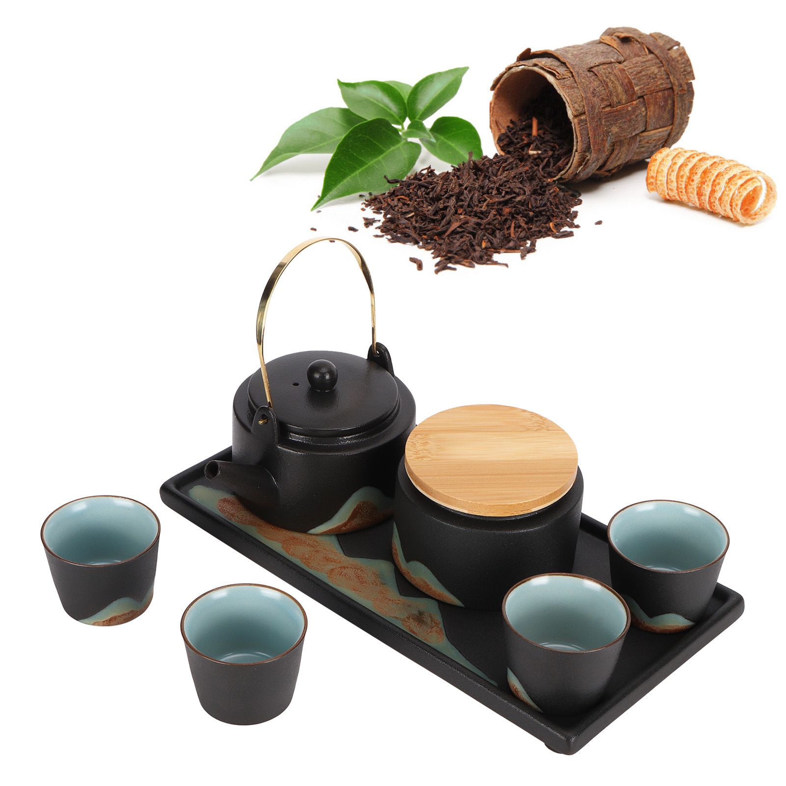 Kung Fu Tea Set Japanese Style Black Pottery Tea Kettle Jar Cups Tray Kit Tea view 10