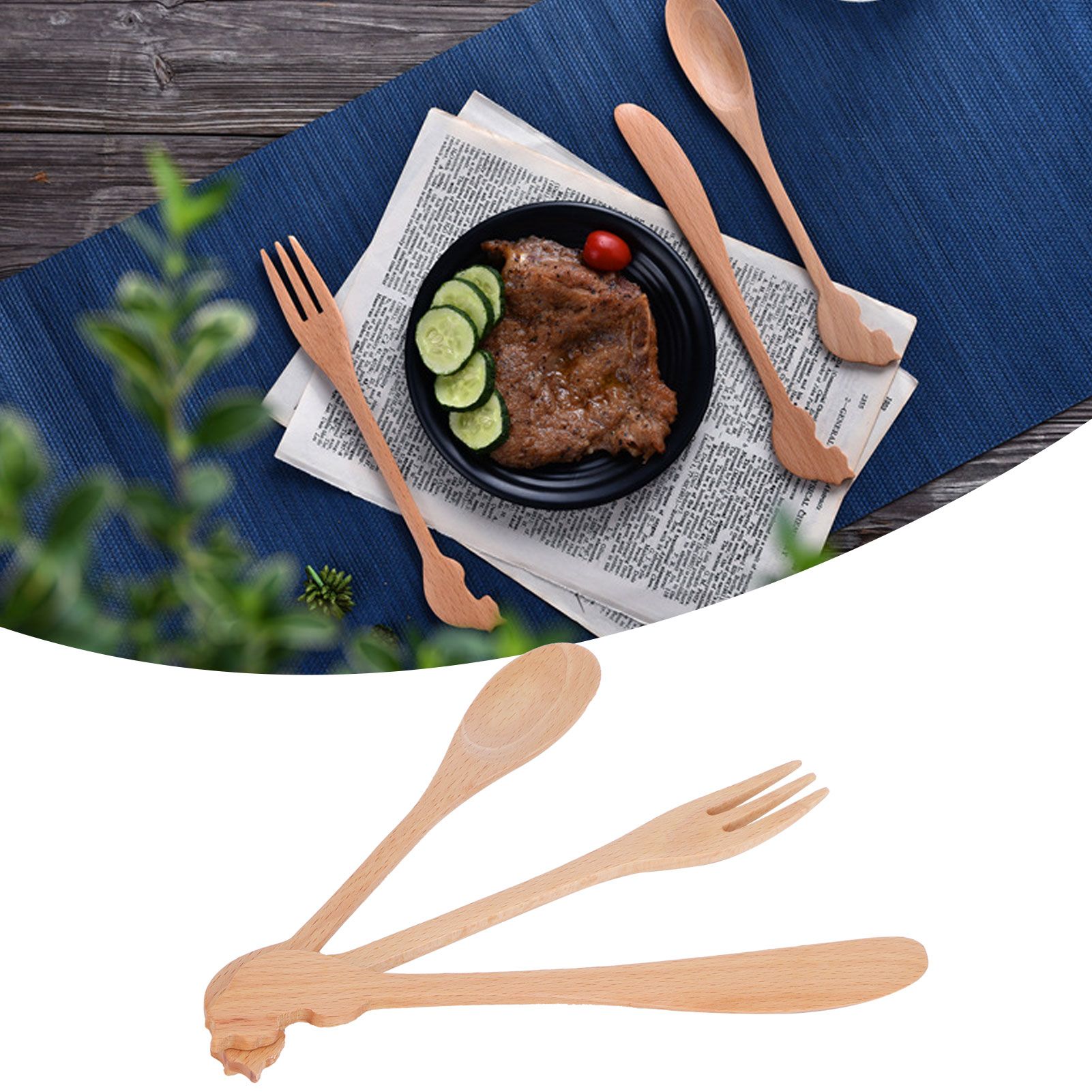 Japanese Style Cutlery Set Long Handle Wooden Spoon Fork Knife Kitchen Cooking view 11