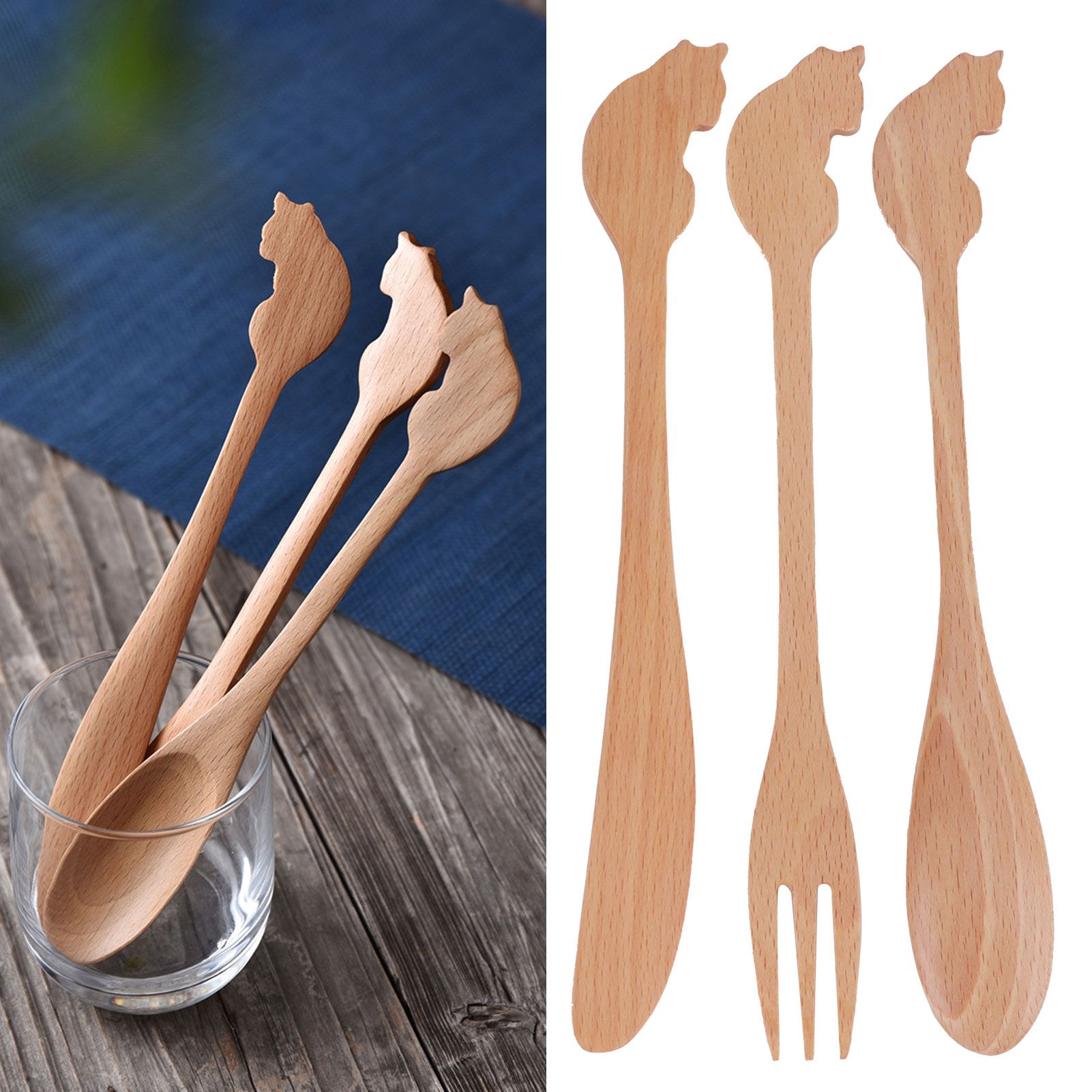 Japanese Style Cutlery Set Long Handle Wooden Spoon Fork Knife Kitchen Cooking view 12
