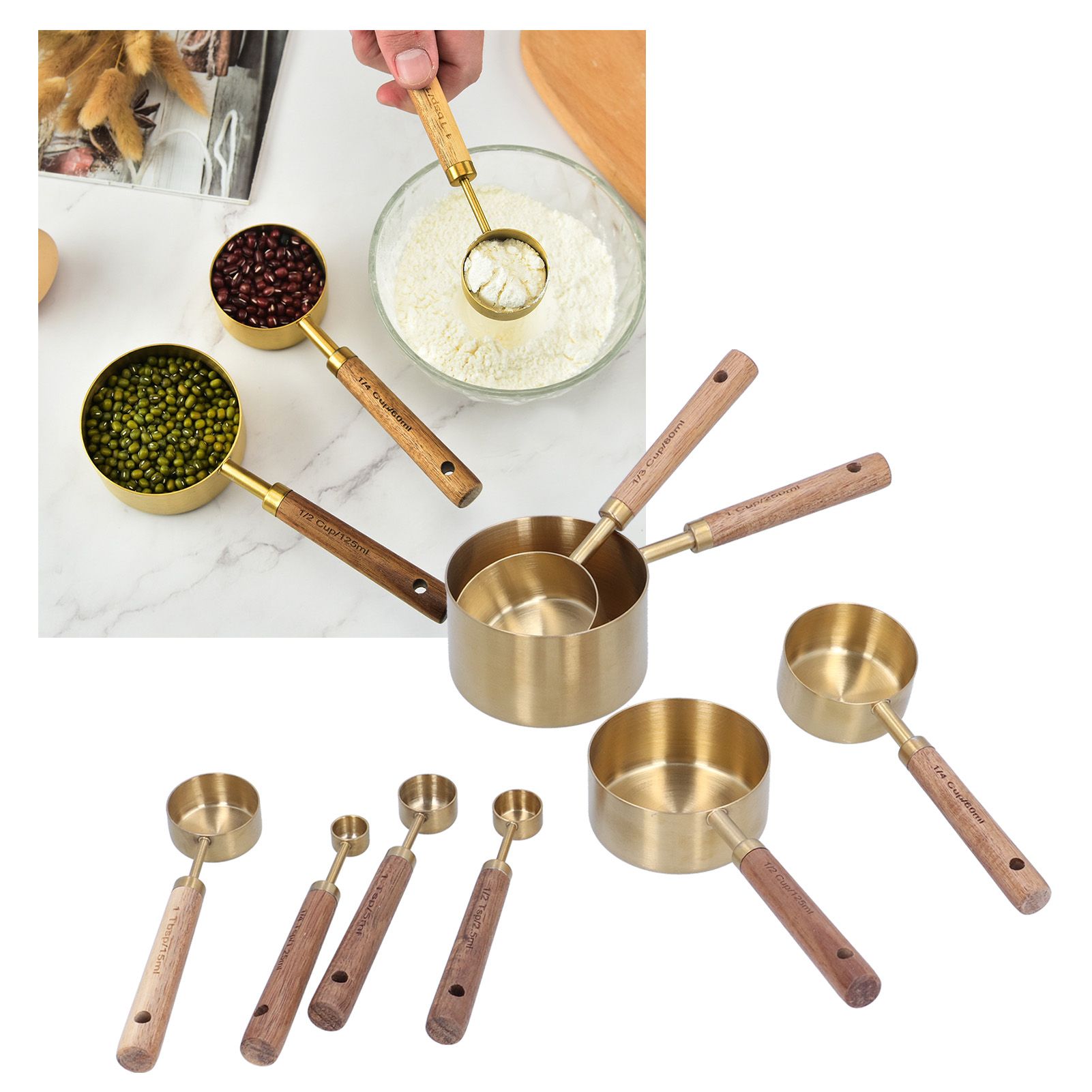 8Pcs Stainless Steel Measuring Cup with Wooden Handle Bartending Scale view 11
