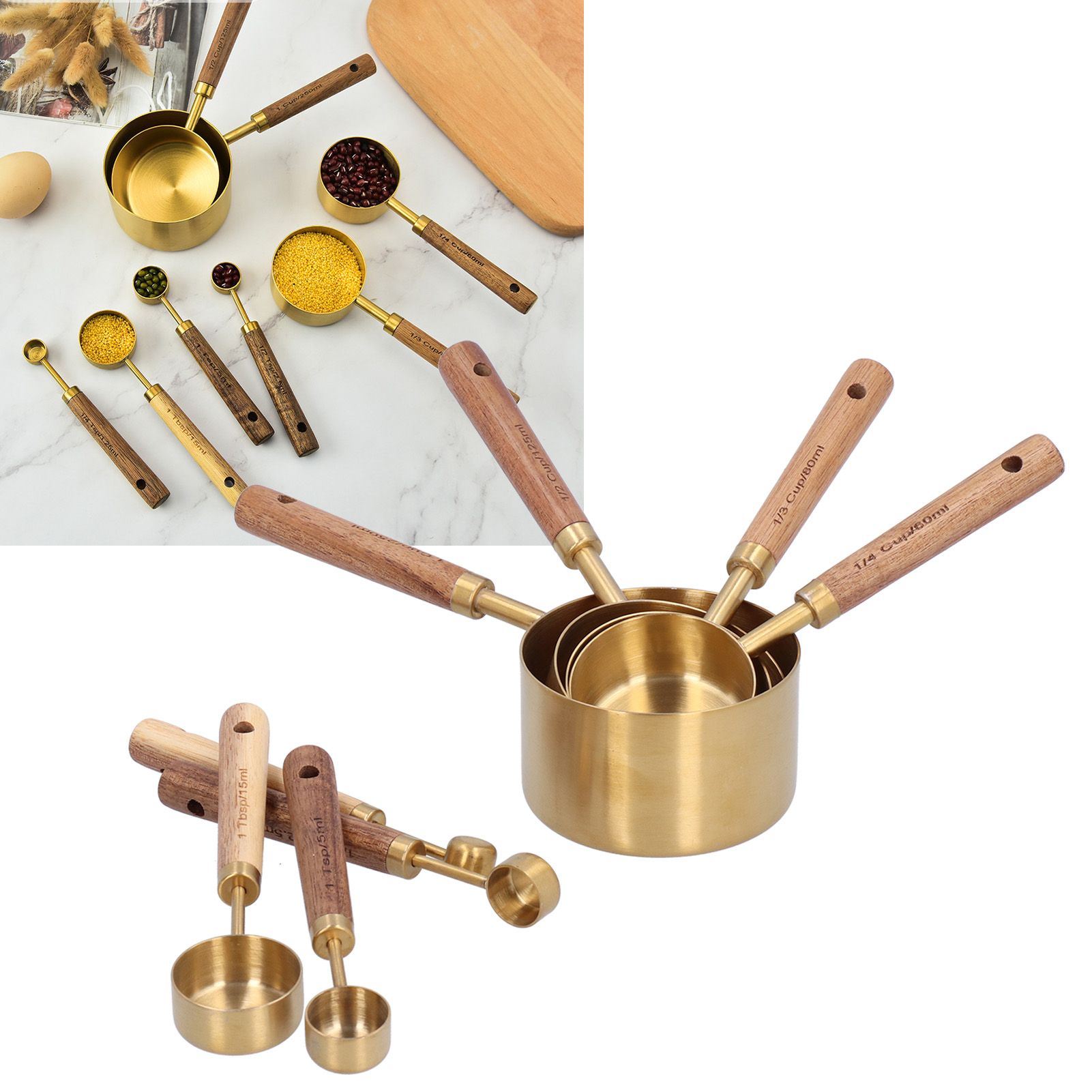 8Pcs Stainless Steel Measuring Cup with Wooden Handle Bartending Scale view 12