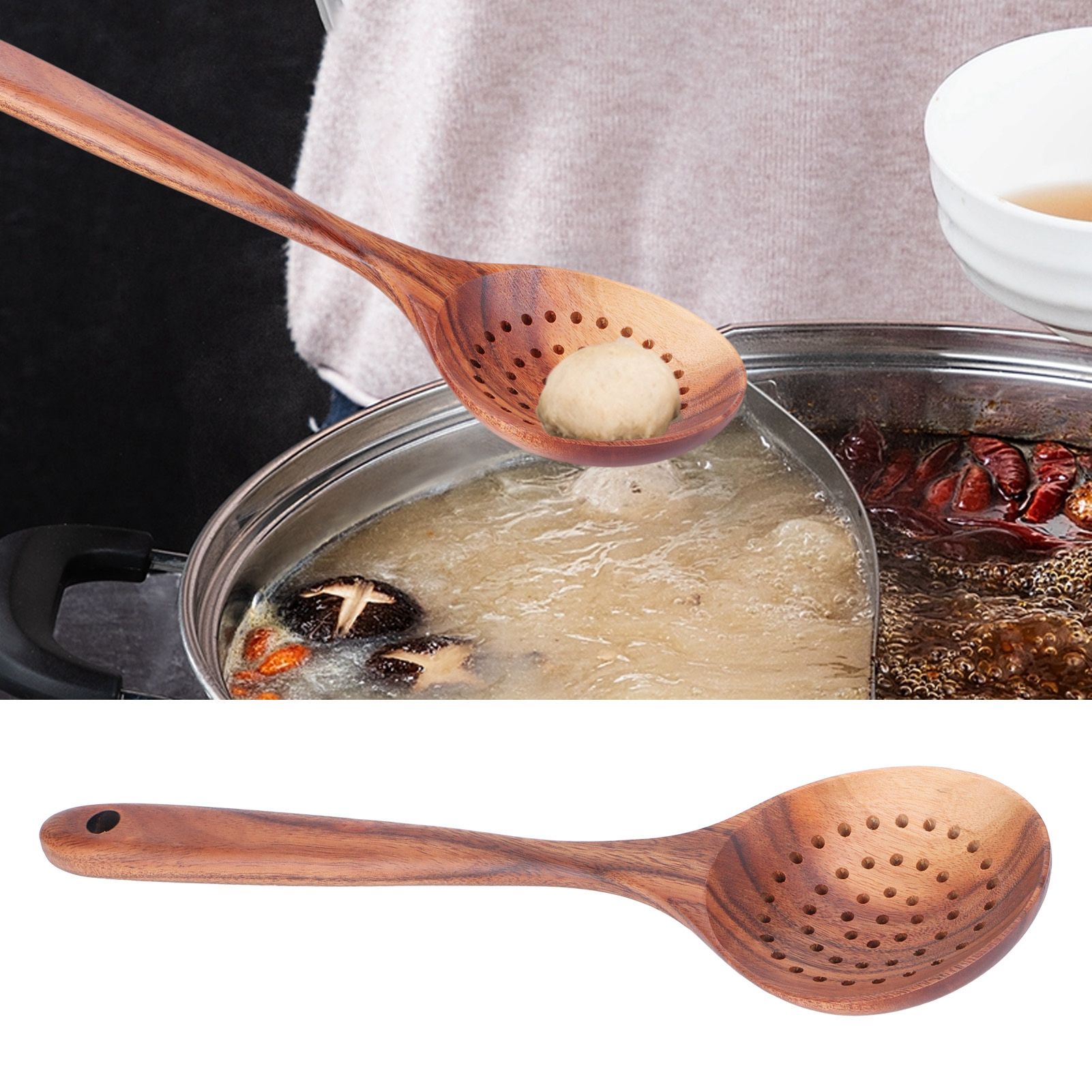 Slotted Spoon Wooden Long Handle Skimmer Scoop Kitchenware Cooking Kitchen Utensil view 11