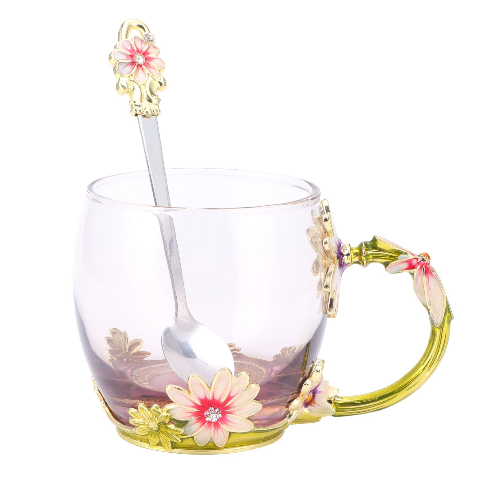 Glass Cup Innovative Flower Tea Cup with Spoon Drink Mug Birthday Christmas