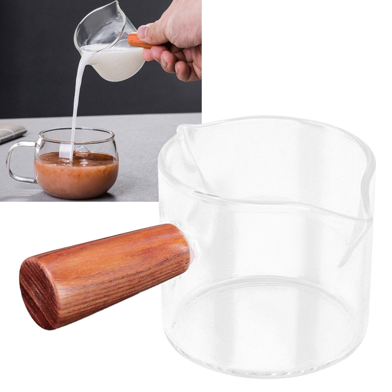 Double Spout Milk Cup with Wooden Handle Glass Coffee Measuring Mug for Home view 12