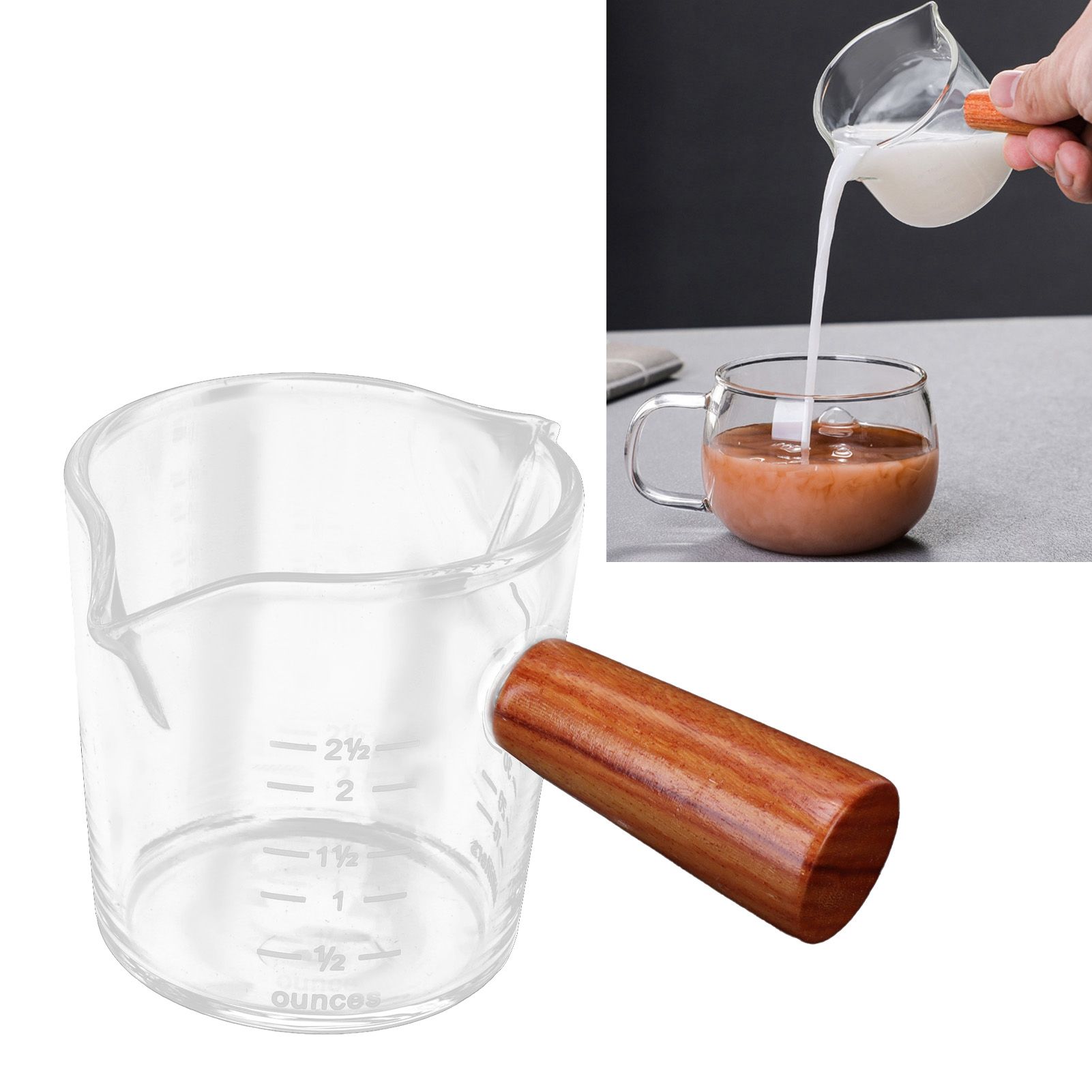 Double Spout Milk Cup with Wooden Handle Glass Coffee Measuring Mug for Home view 12