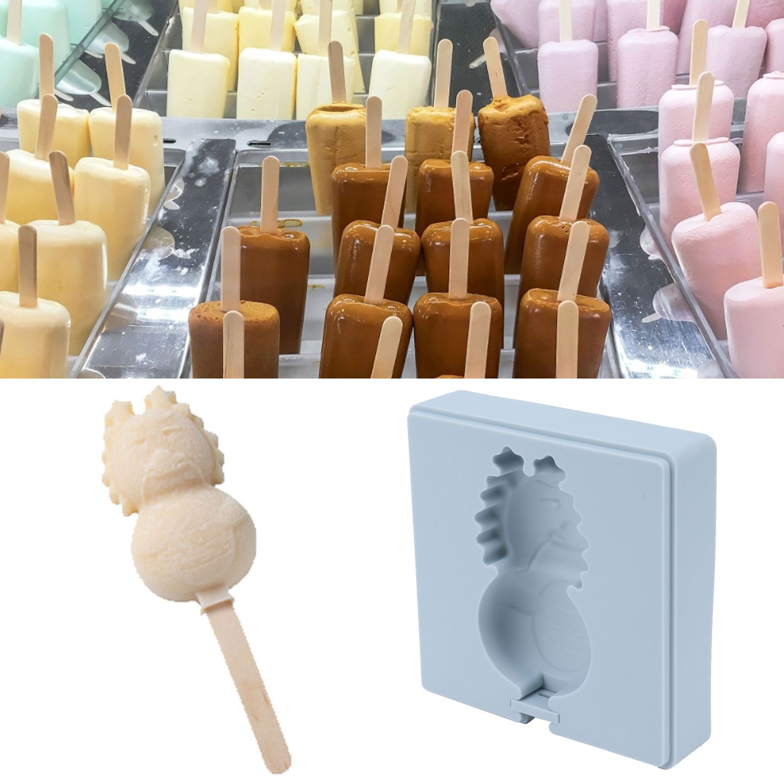 Grey Silicone Mold Cartoon Cute Homemade Ice Cream Mould with Lid and Wooden view 11