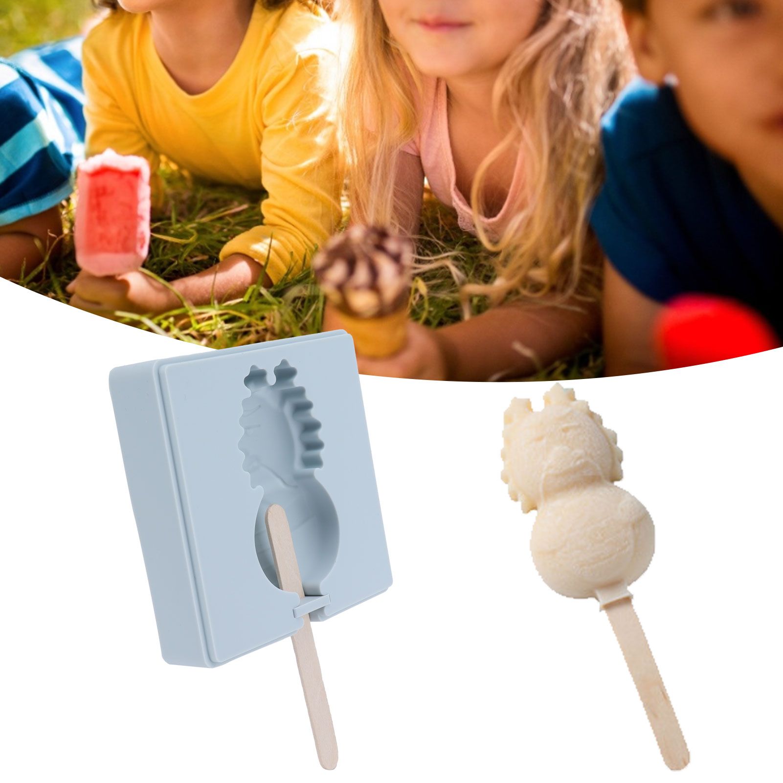 Grey Silicone Mold Cartoon Cute Homemade Ice Cream Mould with Lid and Wooden view 12