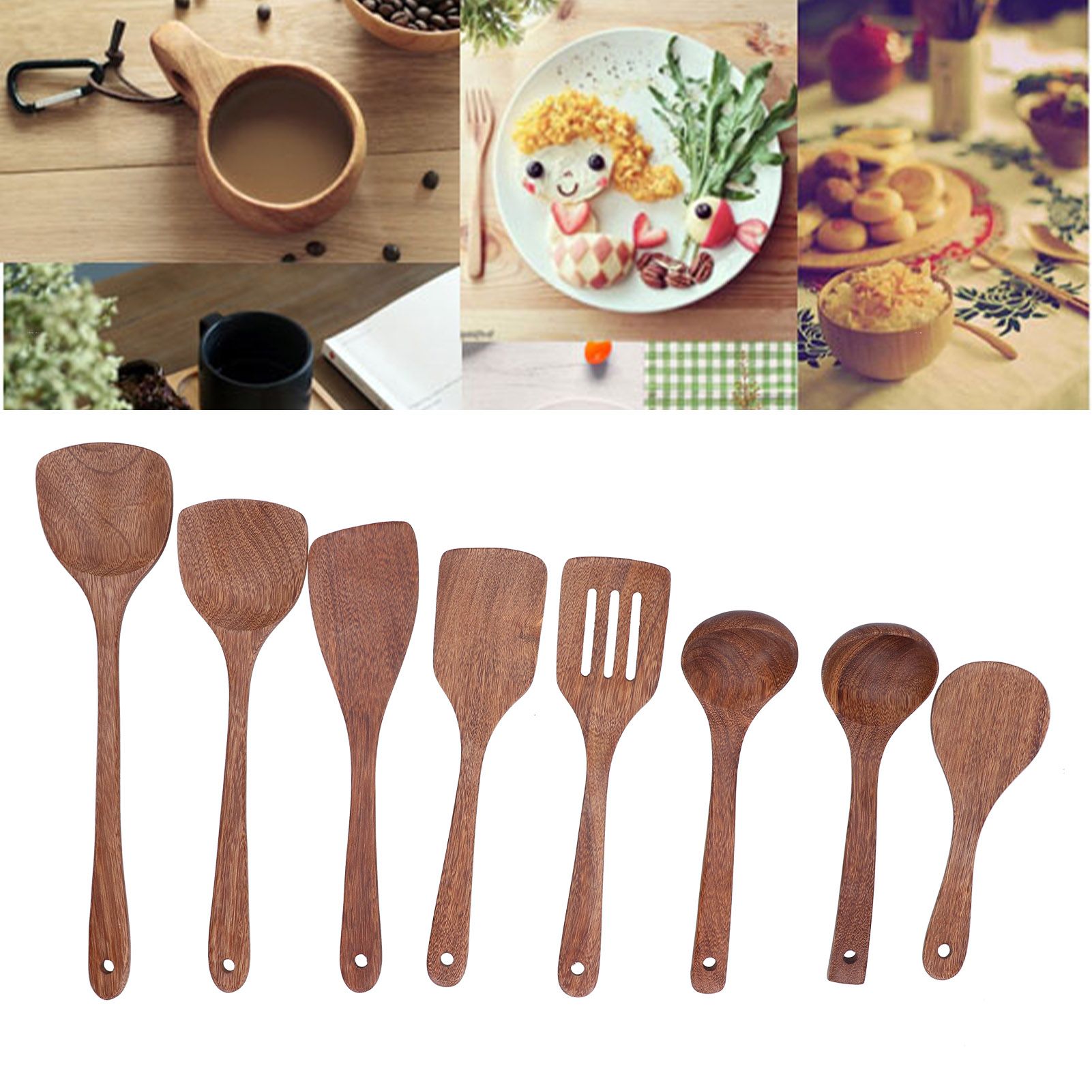 8Pcs Kitchen Tools Set Wooden Spatula Shovel Spoons Mixing Stirring Serving view 11