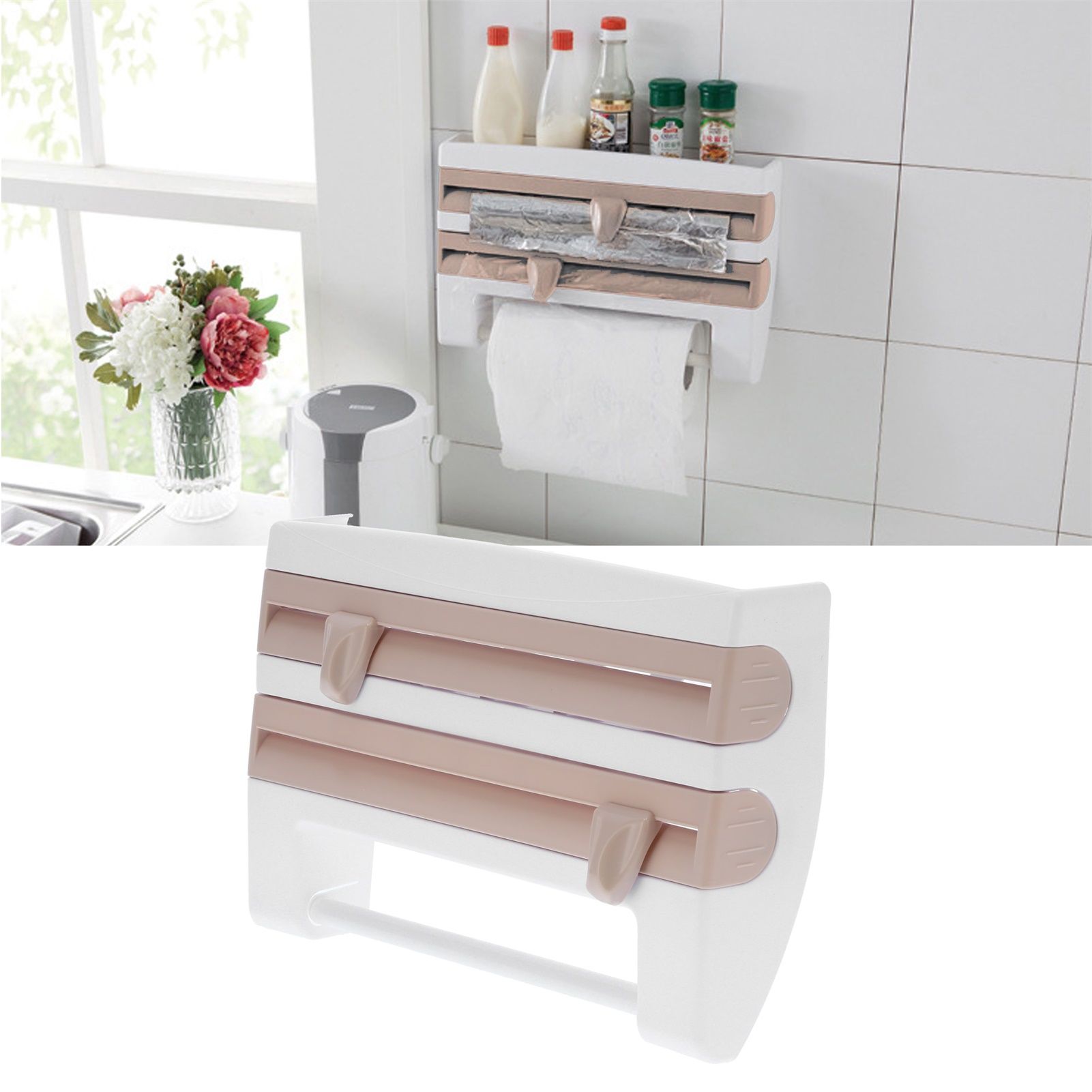 Plastic Wrap Storage Rack Cling Film Dispenser Cutter Paper Towel Holder view 11