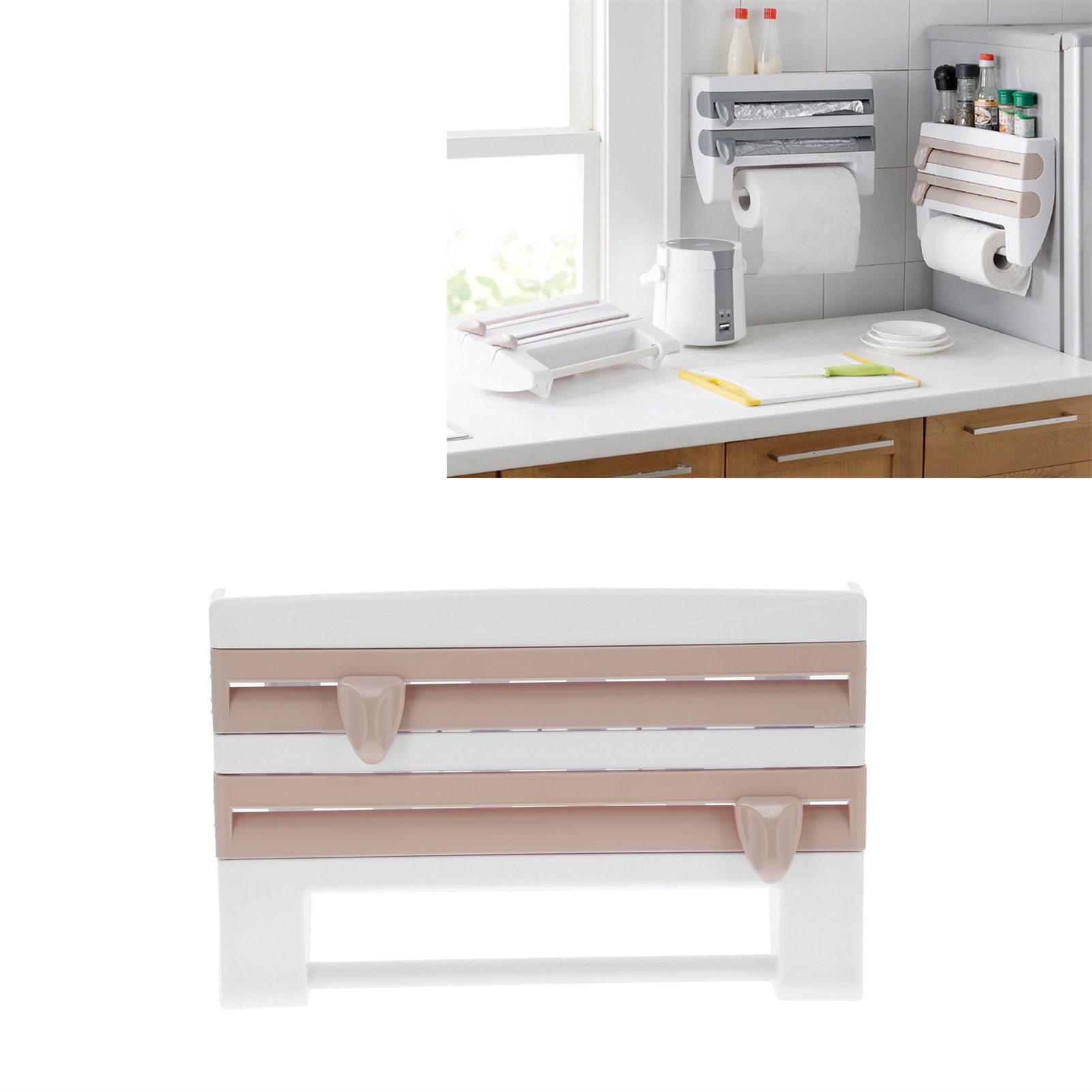 Plastic Wrap Storage Rack Cling Film Dispenser Cutter Paper Towel Holder view 12