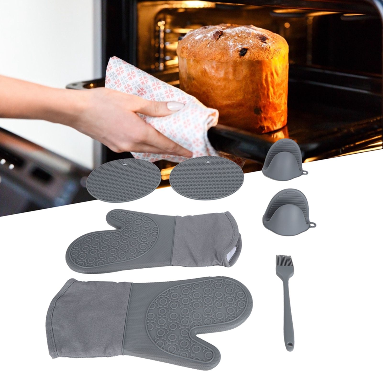 7Pcs/Set Oven Heat Insulation Gloves Cooking Finger Grip Insulation Mat for view 12