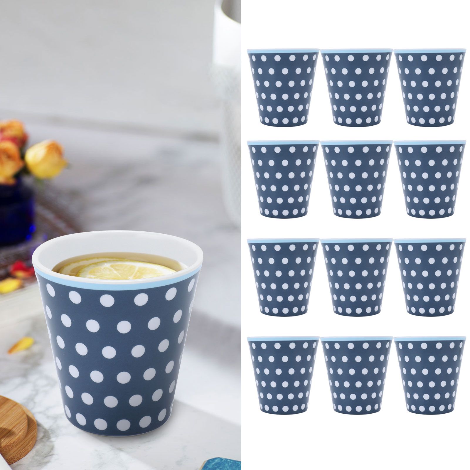 12Pcs Milk Cup AntiScalding Melamine BlueDots Pattern Drinkware Kit for Home view 11