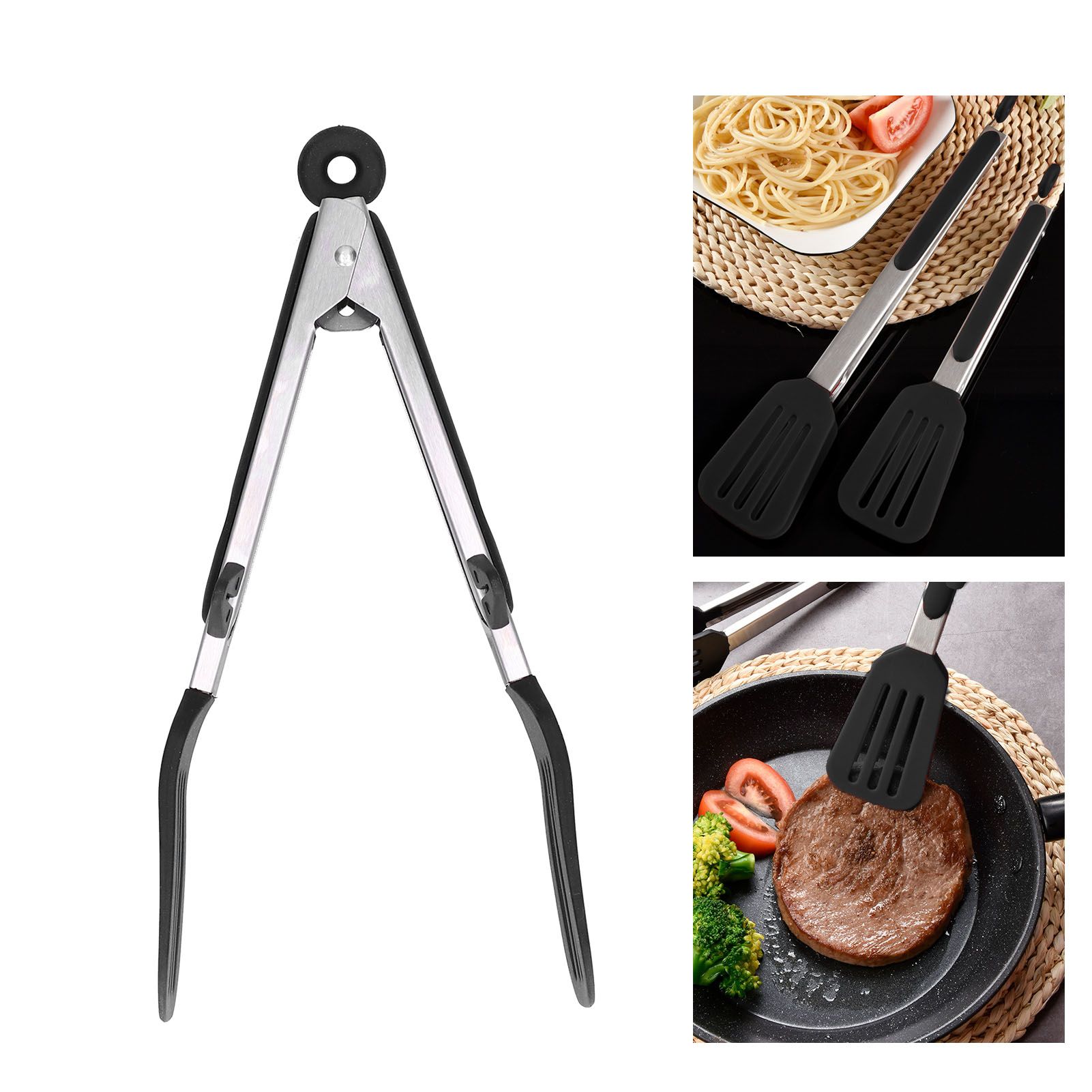 Stainless Steel Silicone Food Spatula Clamp Food Barbecue Steak Tongs Baking view 11