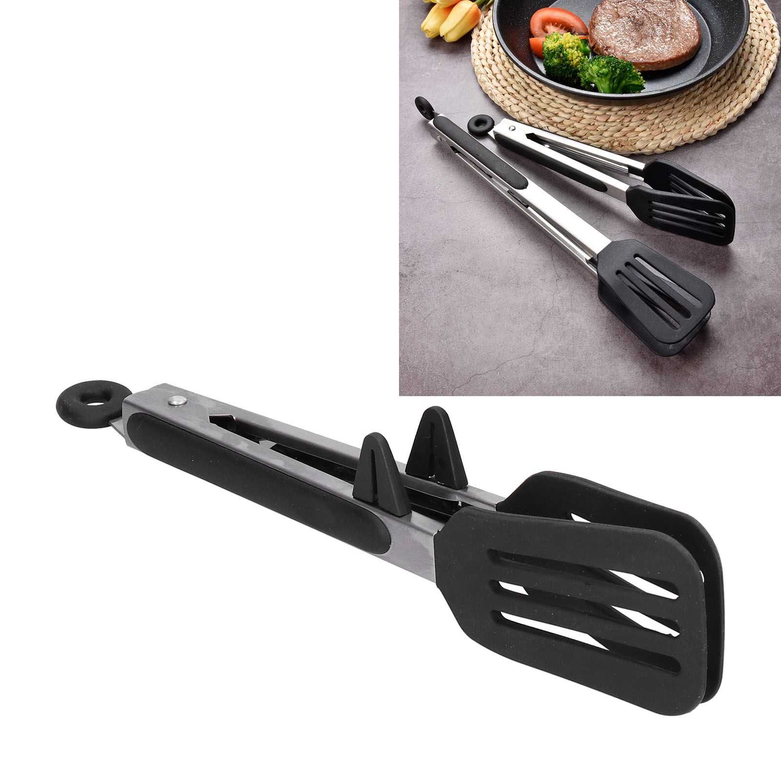 Stainless Steel Silicone Food Spatula Clamp Food Barbecue Steak Tongs Baking view 12