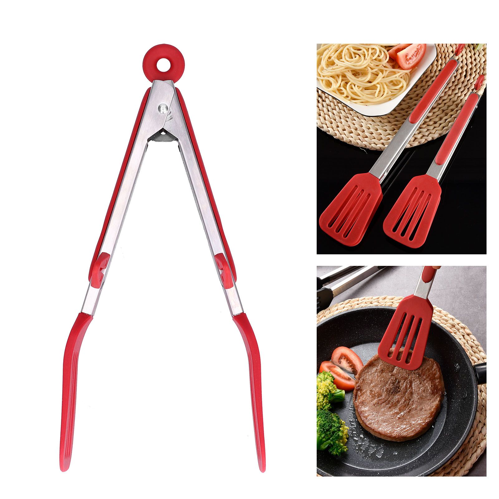 Stainless Steel Silicone Food Spatula Clamp Food Barbecue Steak Tongs Baking view 11