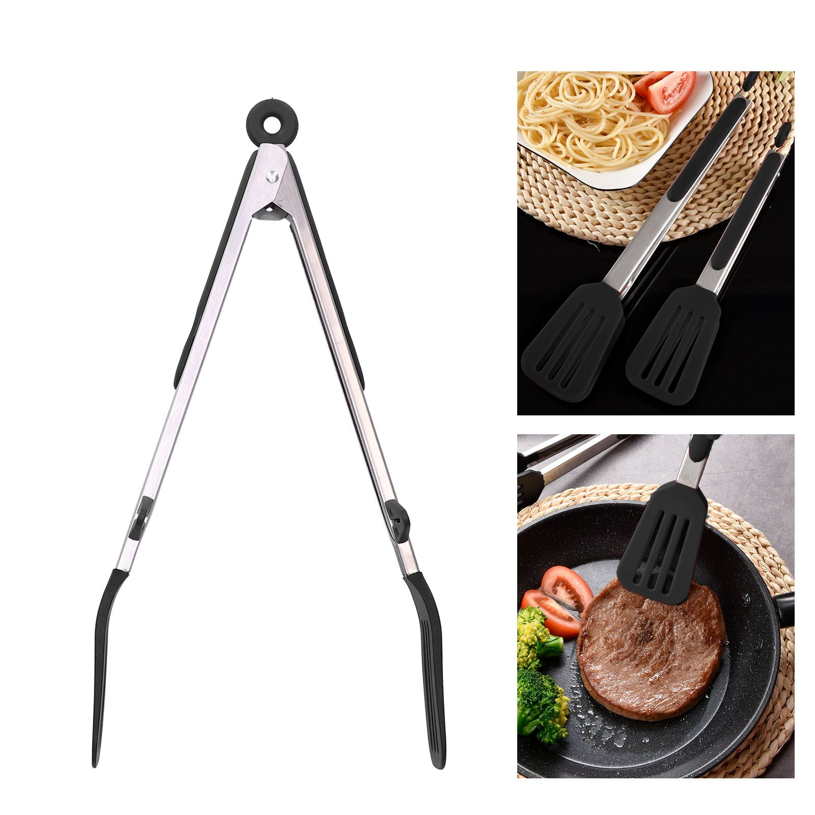 Stainless Steel Silicone Food Spatula Clamp Food Barbecue Steak Tongs Baking view 11