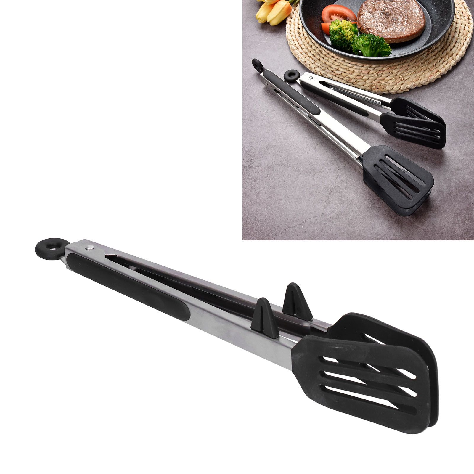 Stainless Steel Silicone Food Spatula Clamp Food Barbecue Steak Tongs Baking view 12