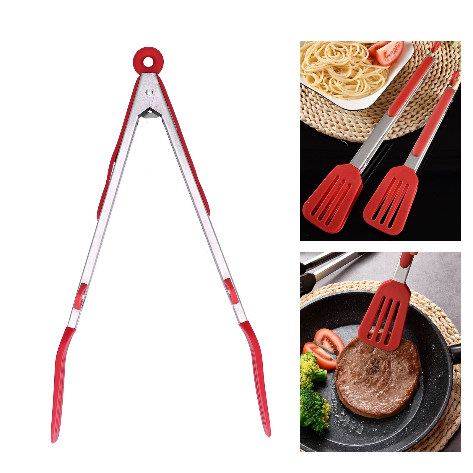 Stainless Steel Silicone Food Spatula Clamp Food Barbecue Steak Tongs Baking view 11