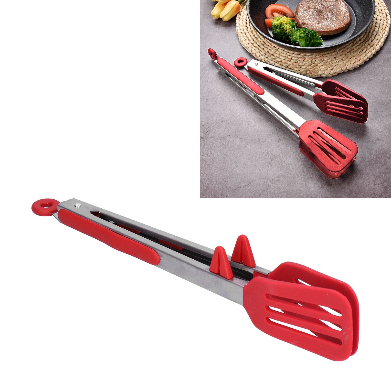 Stainless Steel Silicone Food Spatula Clamp Food Barbecue Steak Tongs Baking view 12