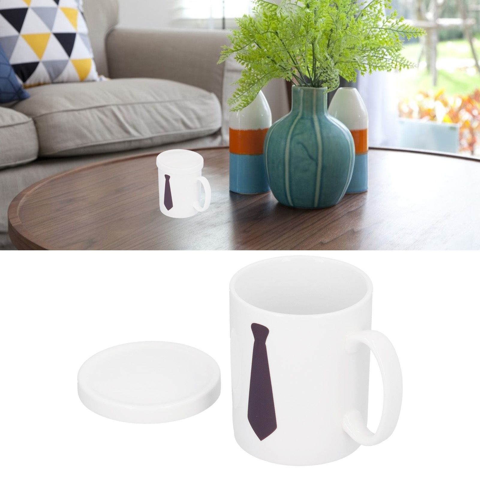 Necktie Pattern Color Changing Cup ThermoSensitive Coffee Mug with Cover for view 11