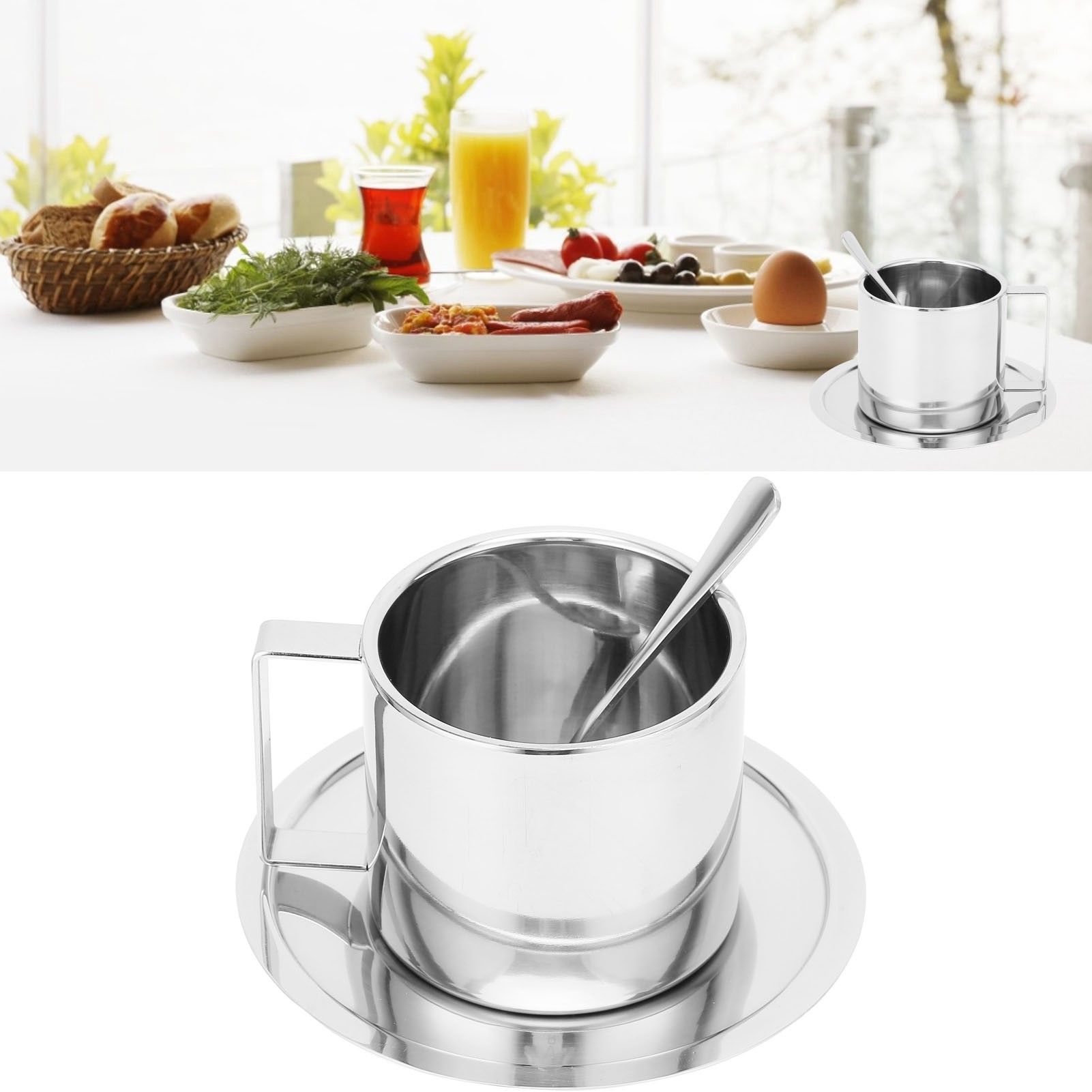 Coffee Cup Stainless Steel DoubleLayer Insulation Milk Mug with Spoon Saucer view 11