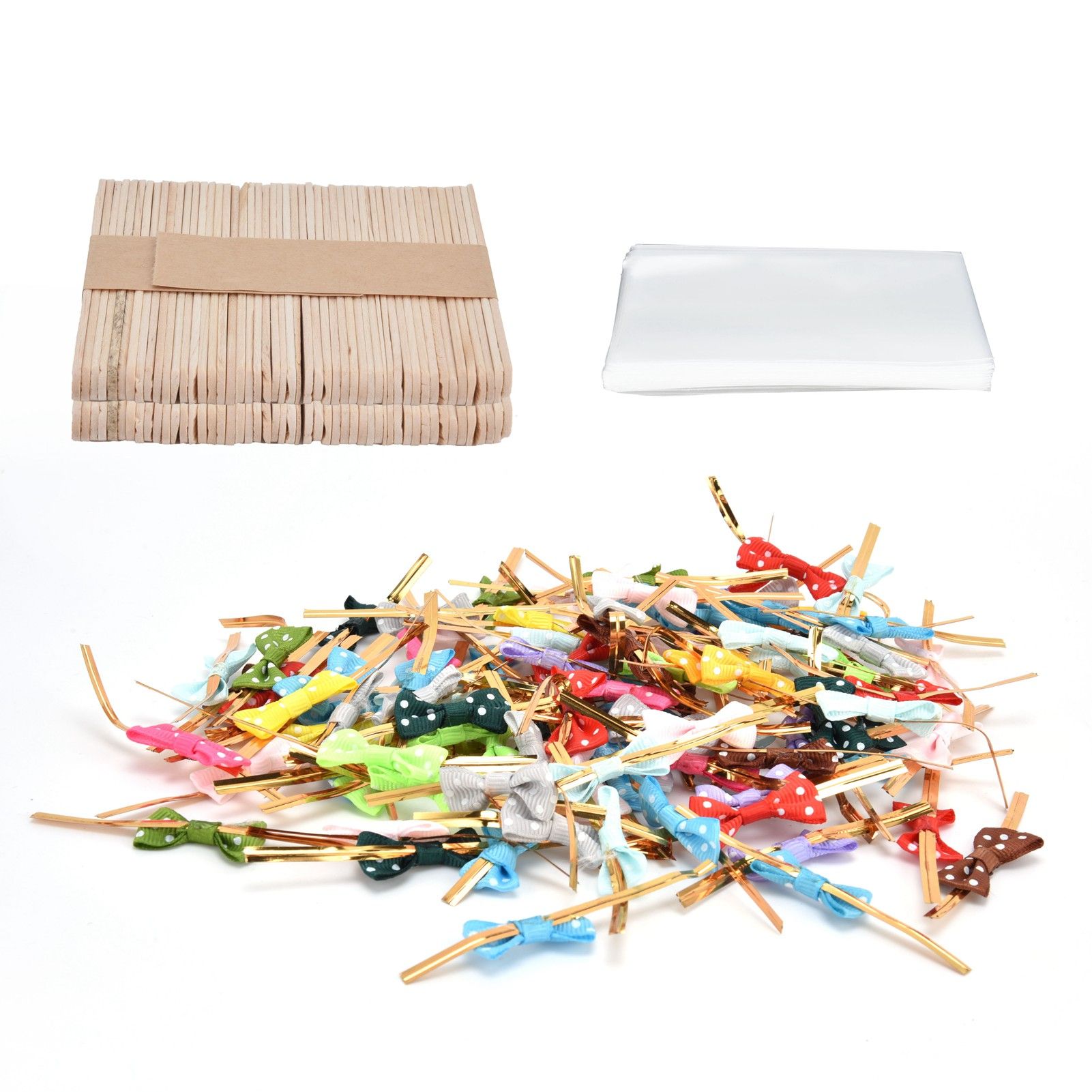 100Set Lollipop PVC Treat Bags Bowknot Ties Wood Sticks for Chocolate Candy — image 1