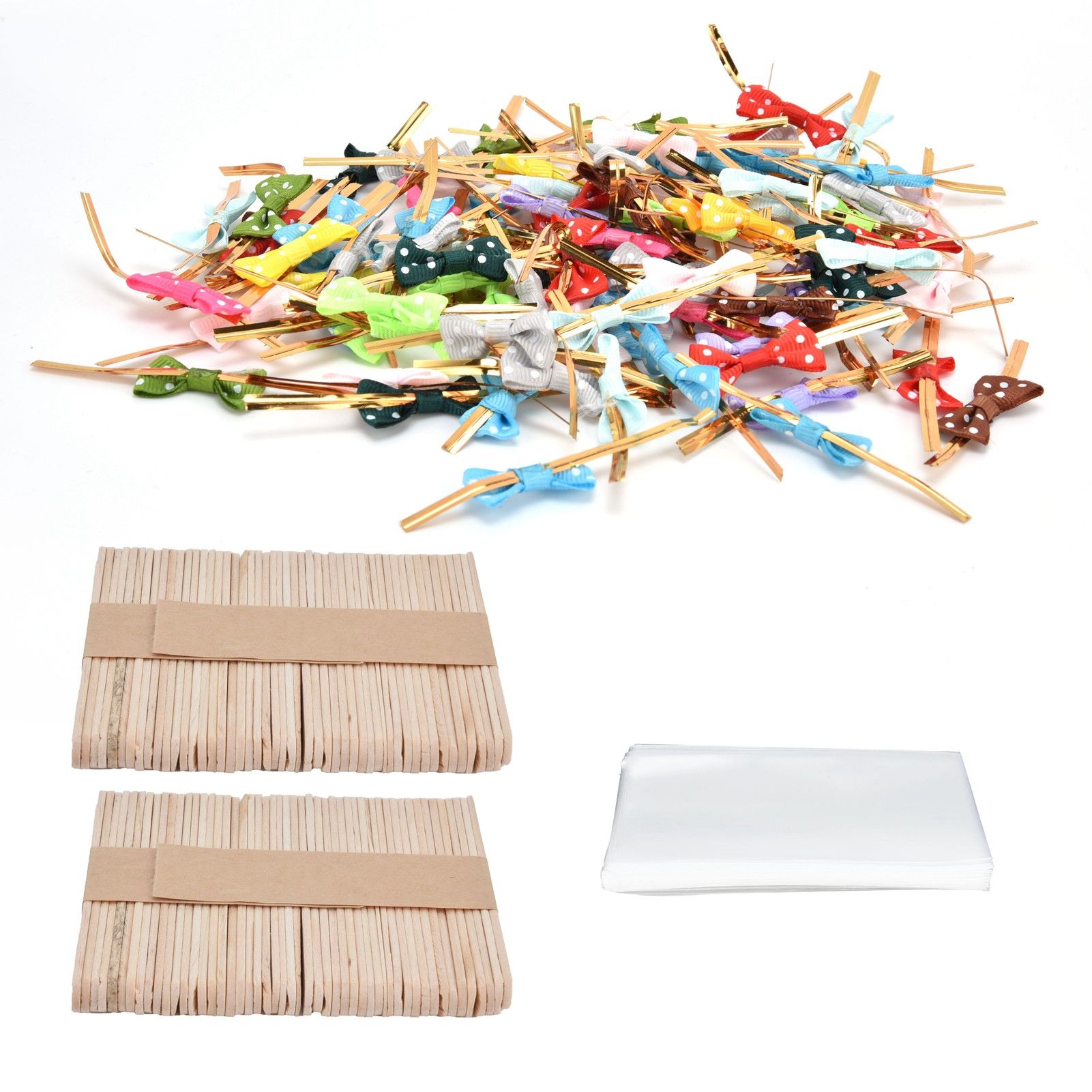 100Set Lollipop PVC Treat Bags Bowknot Ties Wood Sticks for Chocolate Candy view 2