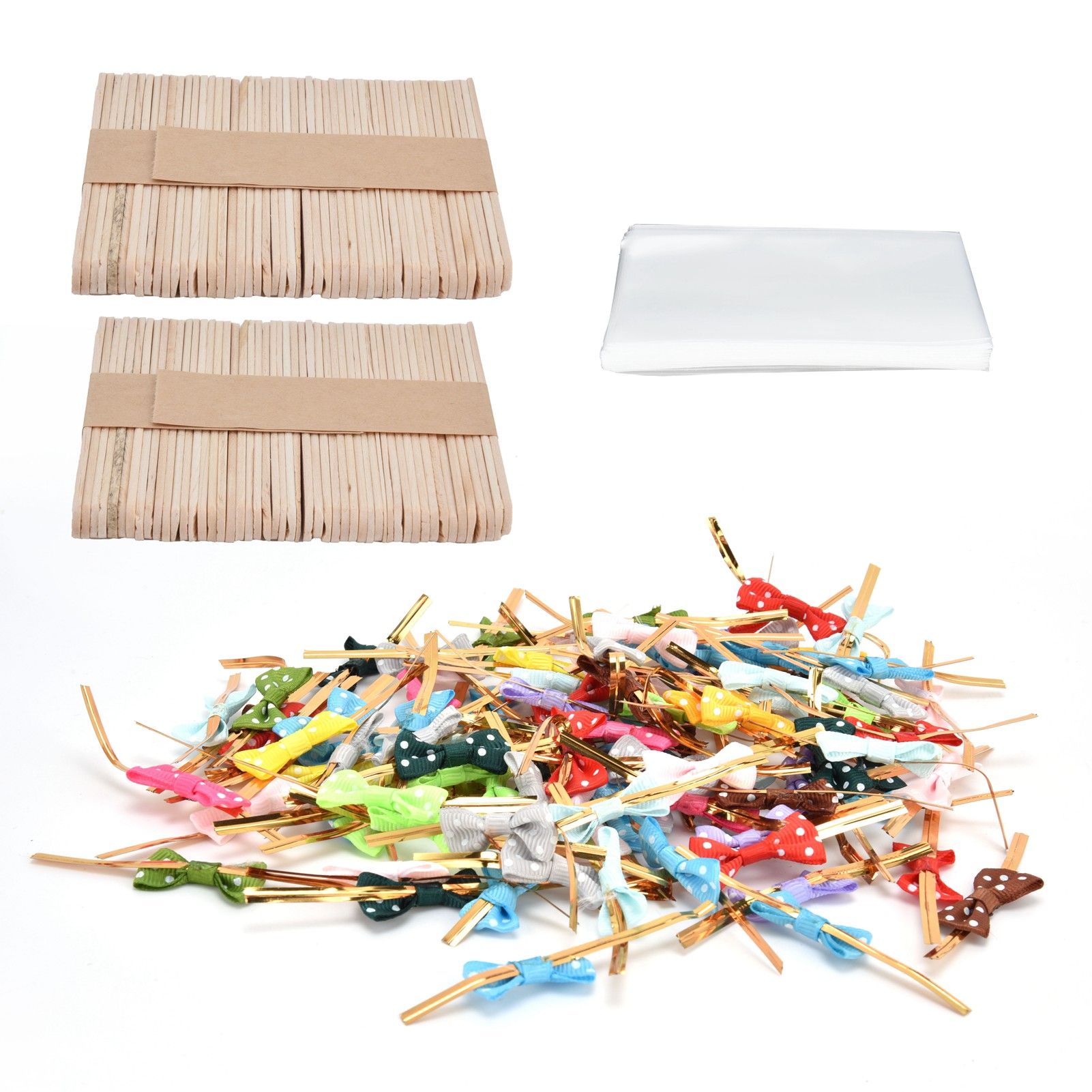100Set Lollipop PVC Treat Bags Bowknot Ties Wood Sticks for Chocolate Candy view 3