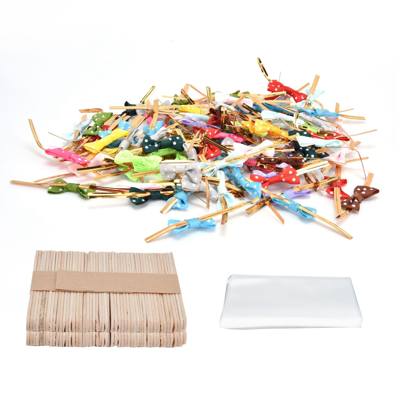 100Set Lollipop PVC Treat Bags Bowknot Ties Wood Sticks for Chocolate Candy view 4