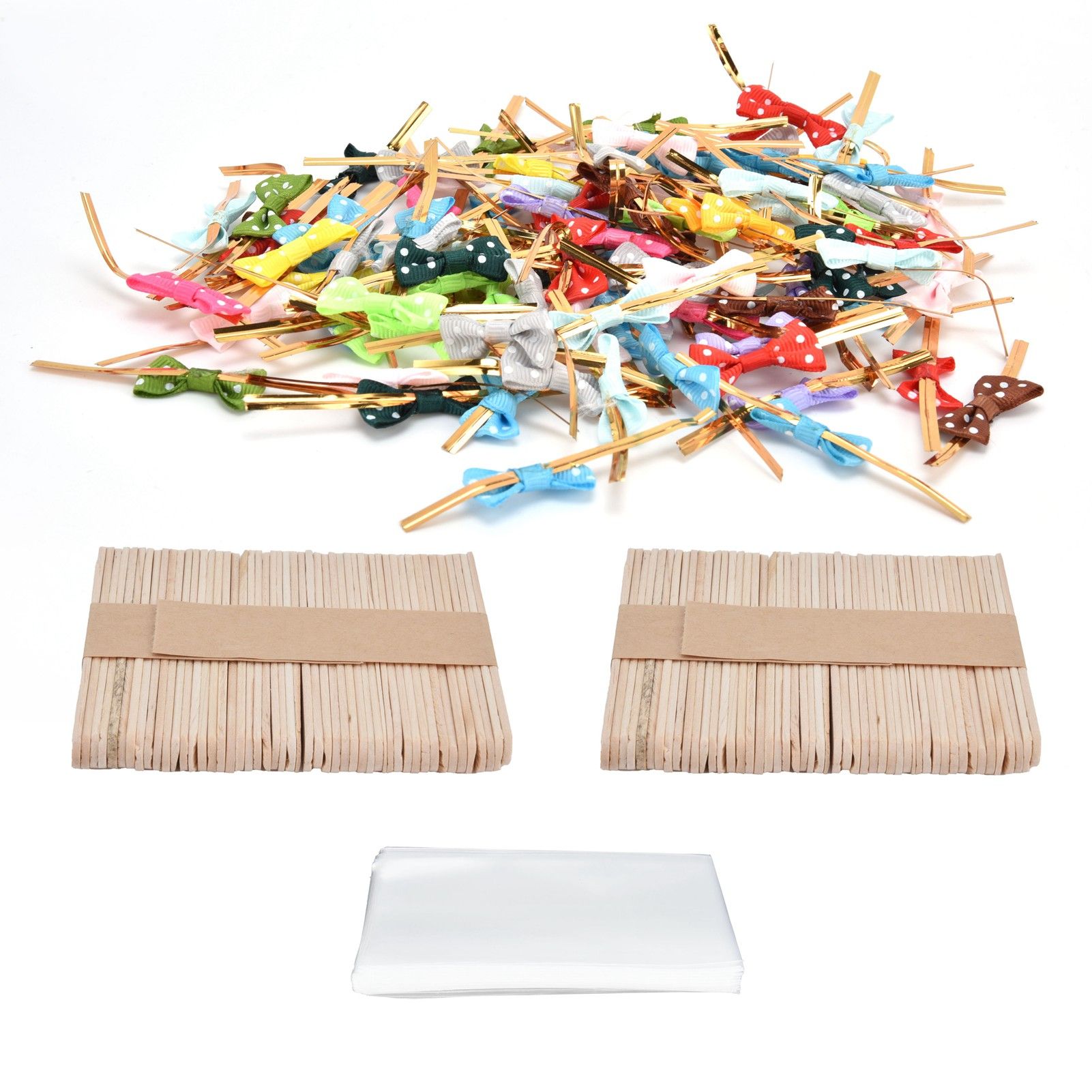 100Set Lollipop PVC Treat Bags Bowknot Ties Wood Sticks for Chocolate Candy view 5