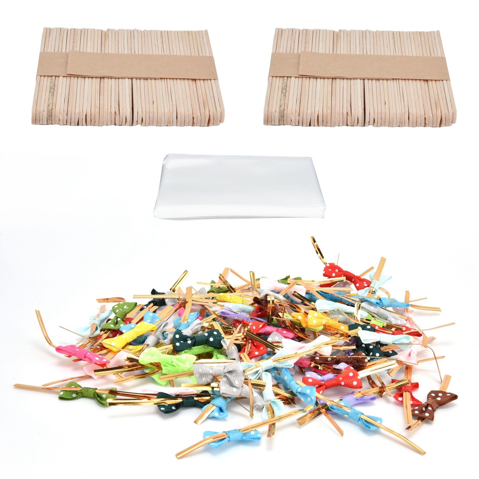 100Set Lollipop PVC Treat Bags Bowknot Ties Wood Sticks for Chocolate Candy view 6