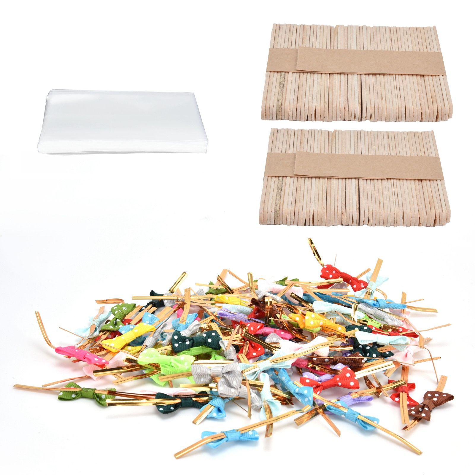 100Set Lollipop PVC Treat Bags Bowknot Ties Wood Sticks for Chocolate Candy view 7
